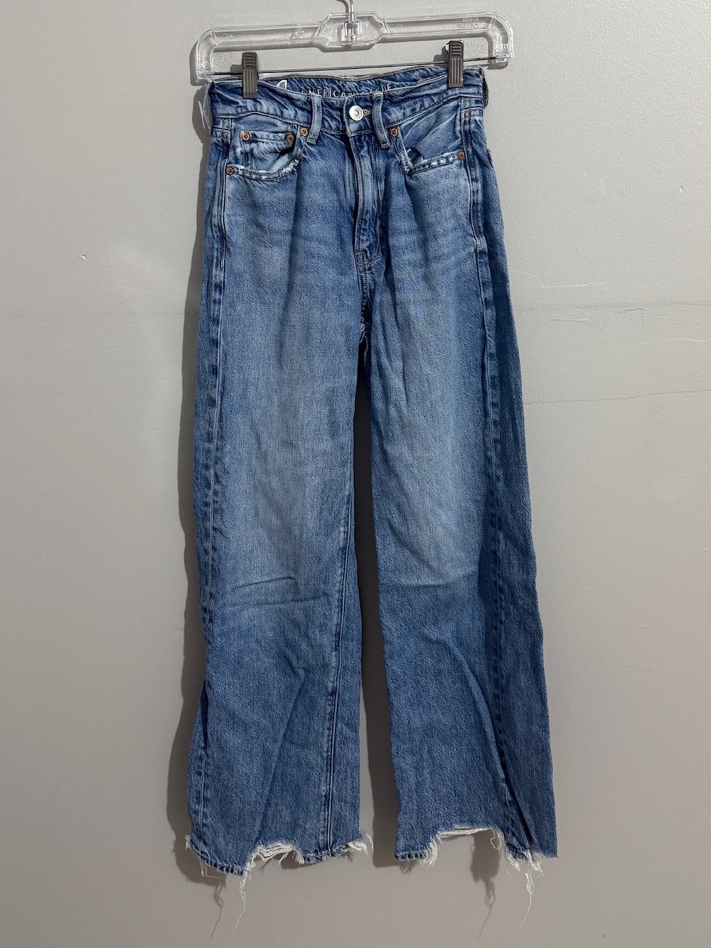 American Eagle Jeans Womens 00 High Rise Wide Leg Raw Hem Medium Wash Denim